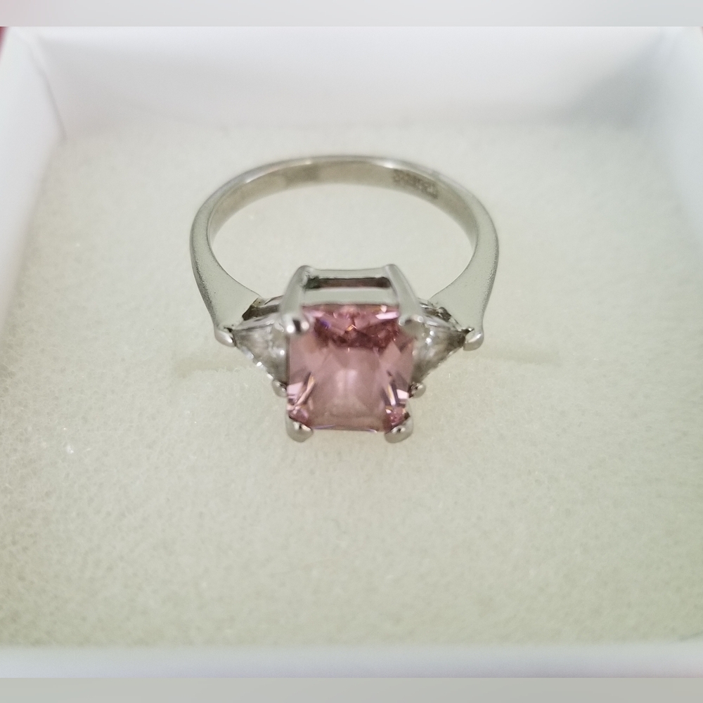 Vintage"Pink Ice"Ring With A Large Emarald-Cut CZ & 2 Triangular Accent Stones